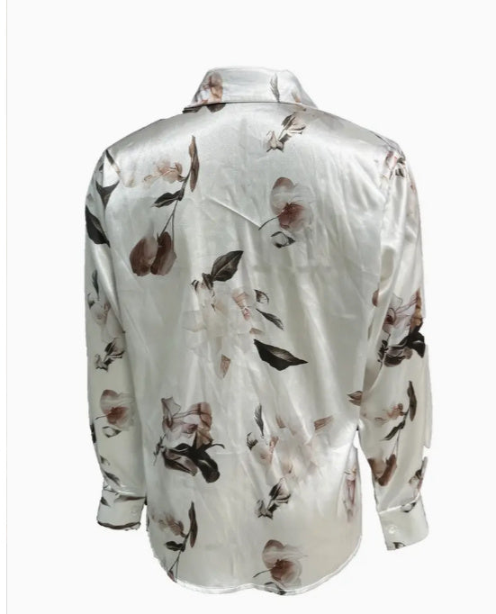 Modern Satin Elegant Printed Shirt In White - Grace Beauty H&C 