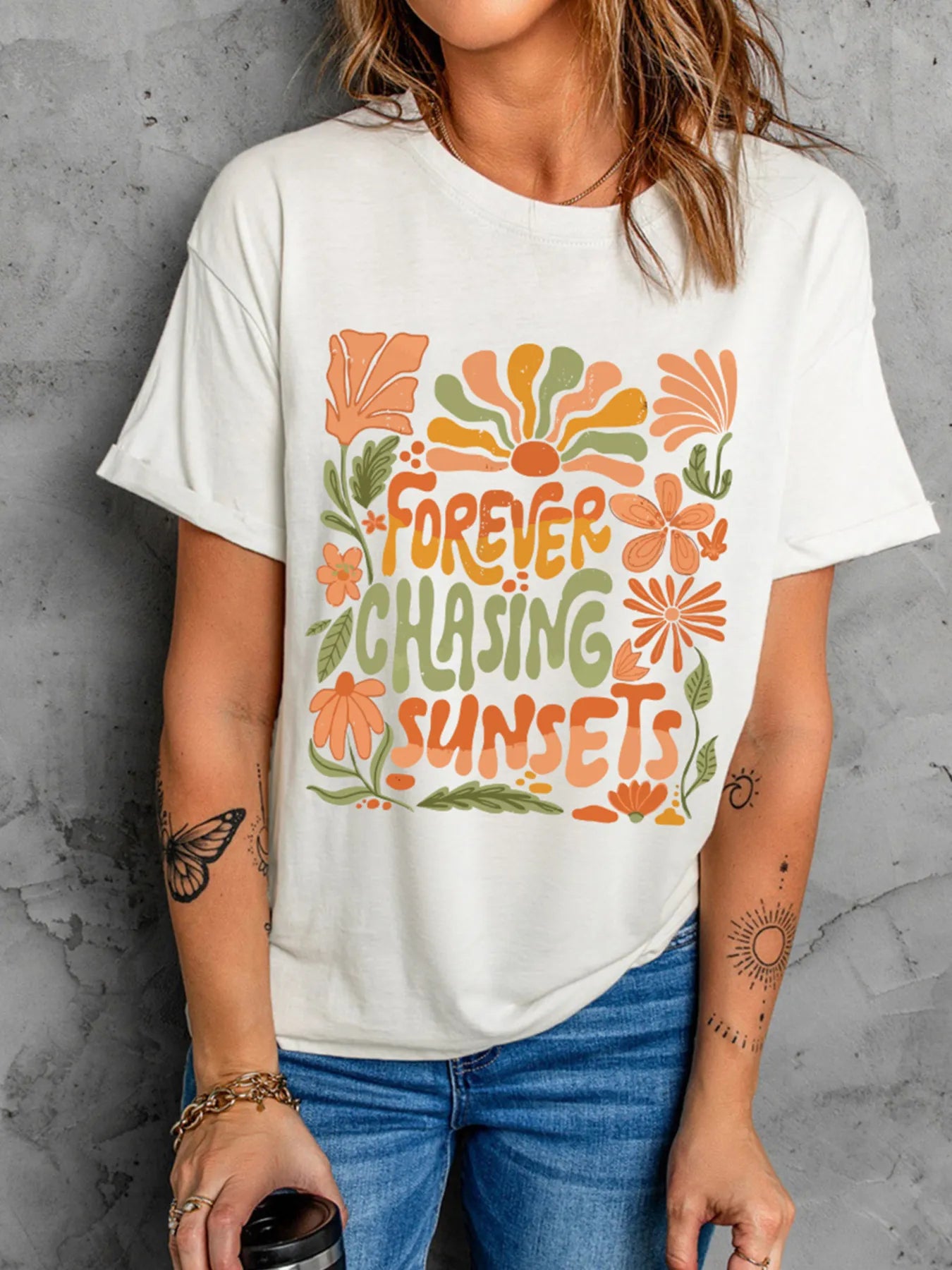 FOREVER CHASING SUNSETS Round Neck T Shirt - Grace Beauty H&C 