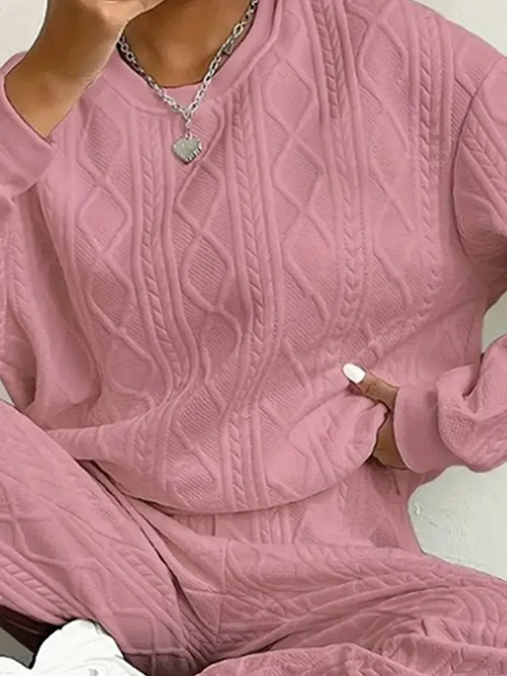 Texture Round Neck Top and Pants Set - Grace Beauty H&C 
