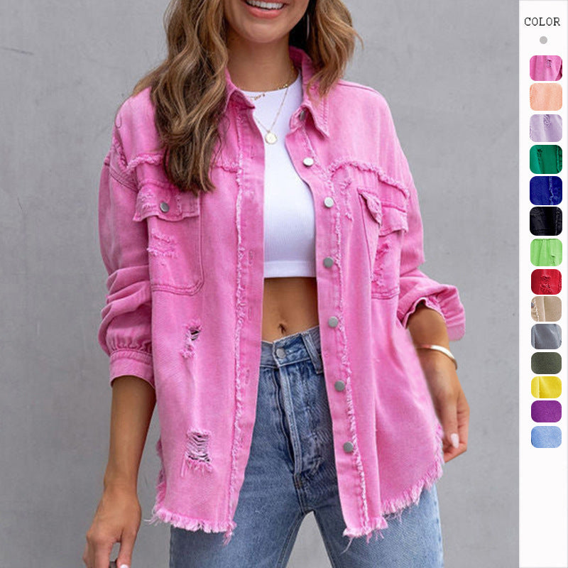 Fashion Ripped Shirt Jacket Female Autumn And Spring Casual Tops Womens Clothing - Grace Beauty H&C 