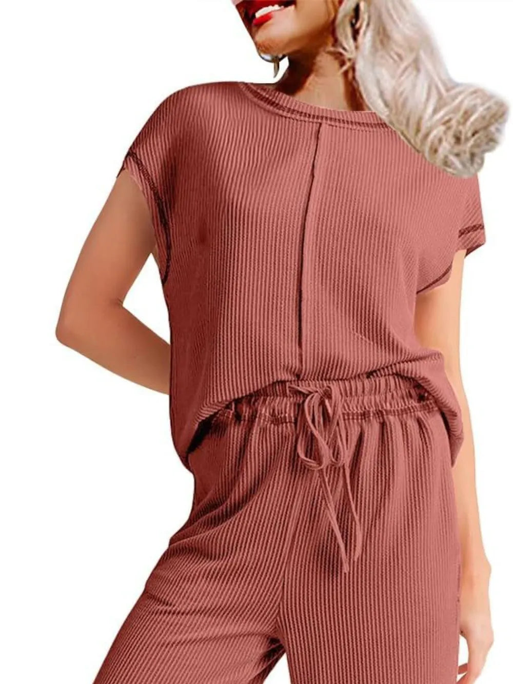Ribbed Exposed Seam Top and Pants Set - Grace Beauty H&C 