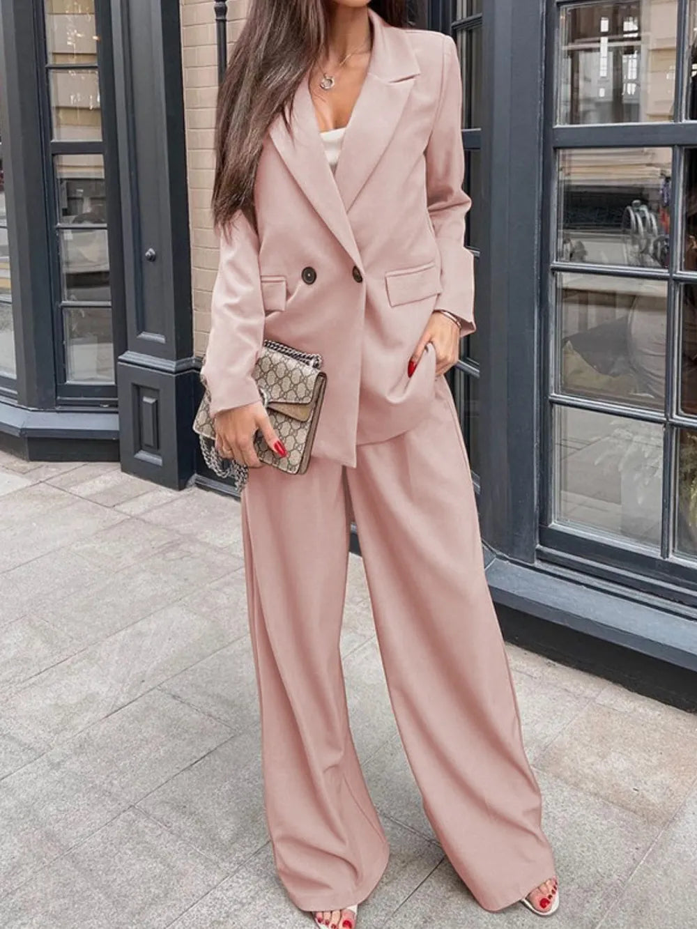 Buttoned Lapel Collar Long Sleeve Blazer and Pants Set - Grace Beauty H&C 