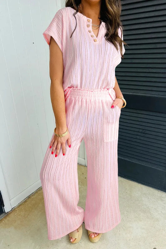 Textured Short Sleeve Top and Pocketed Wide Leg Pants - Grace Beauty H&C 