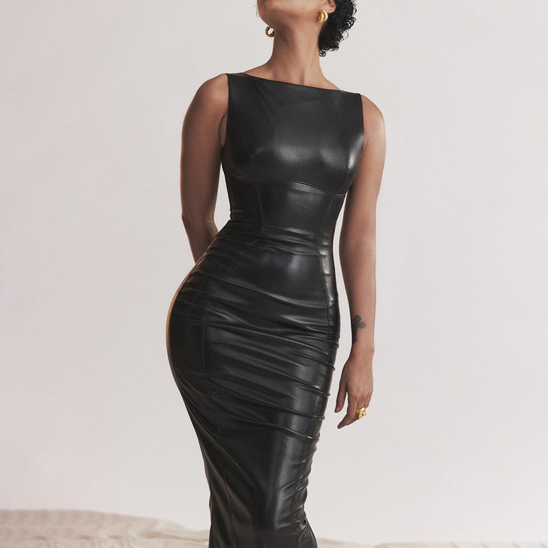 European And American Style Women Dress Autumn New PU Leather Skirt Amazon Split Long Dress - Grace Beauty H&C 