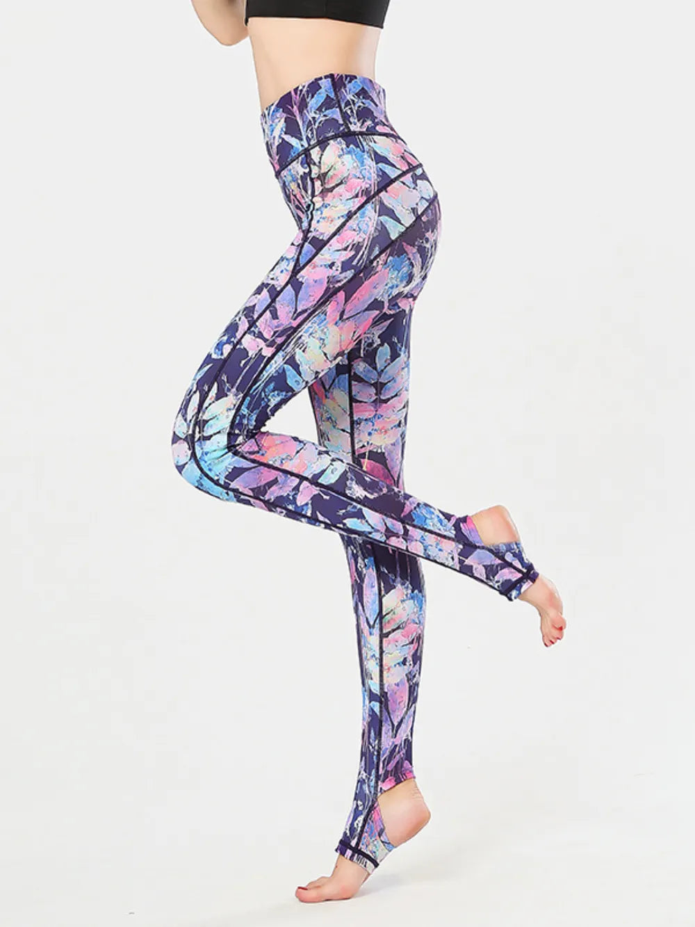Printed Wide Waistband Active Leggings with Stirrups - Grace Beauty H&C 