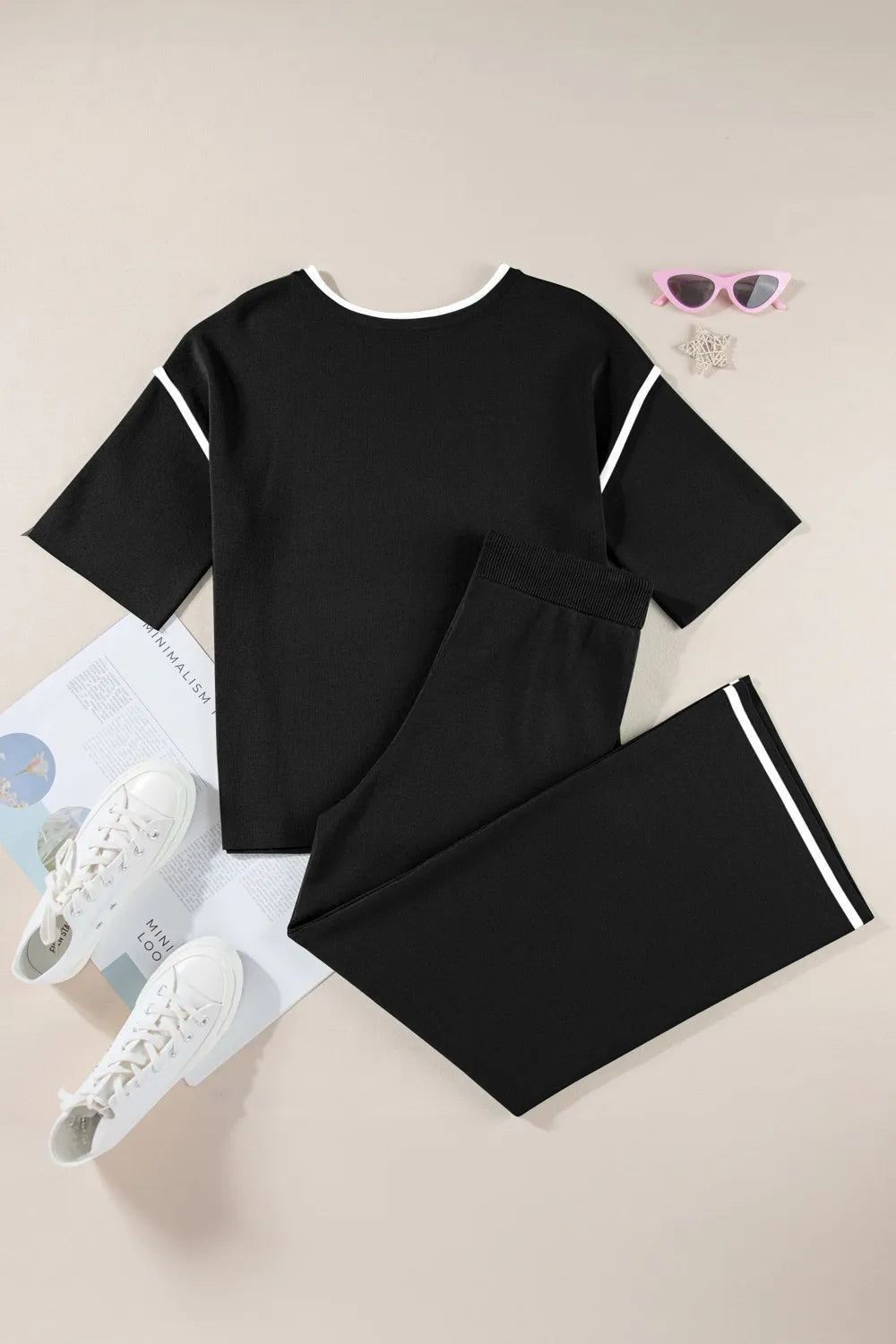 Contrast Trim Round Neck Top and Pants Set - Grace Beauty H&C 