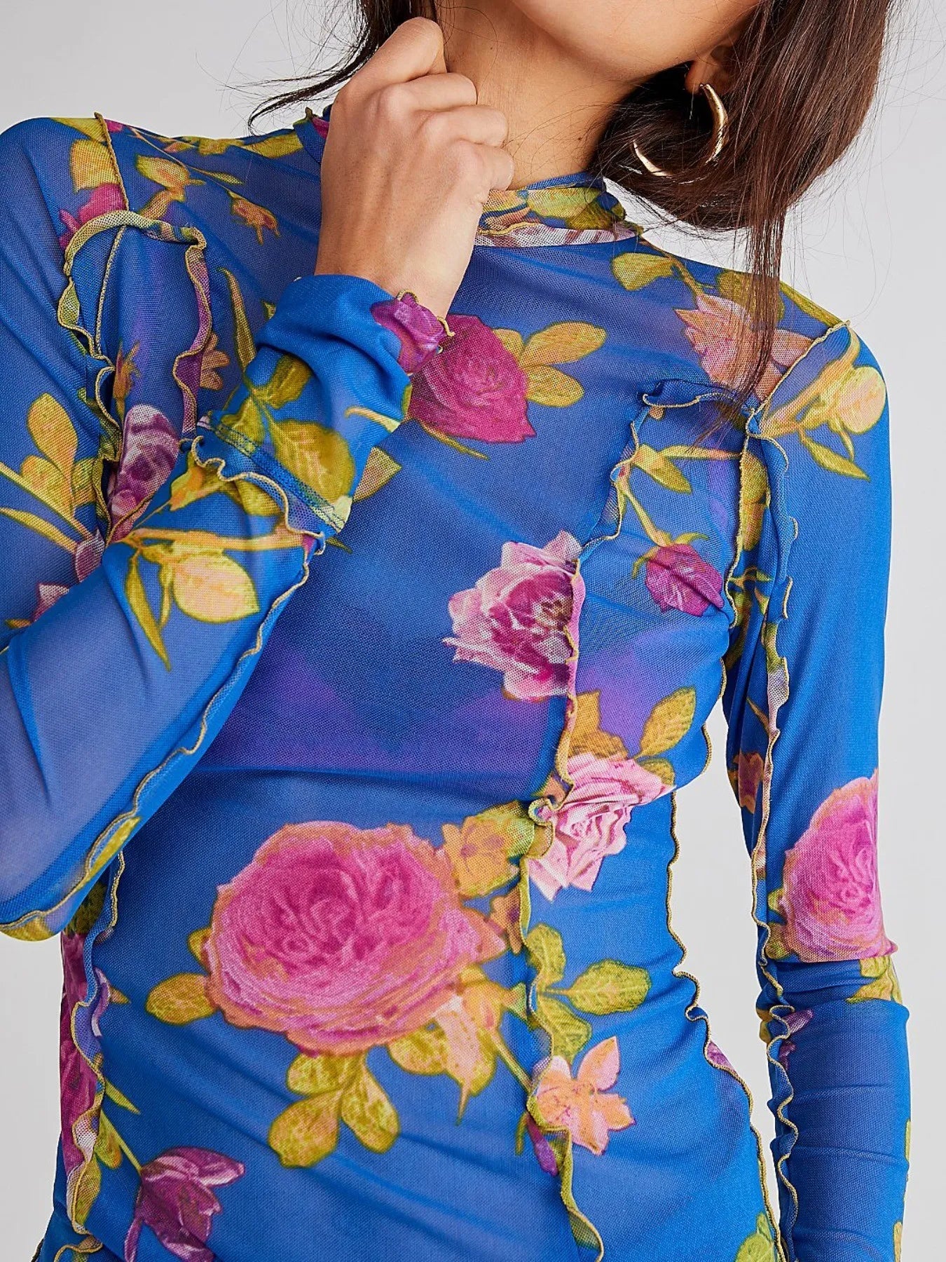 Floral Print Mock Neck Long Sleeve Top - Grace Beauty H&C 
