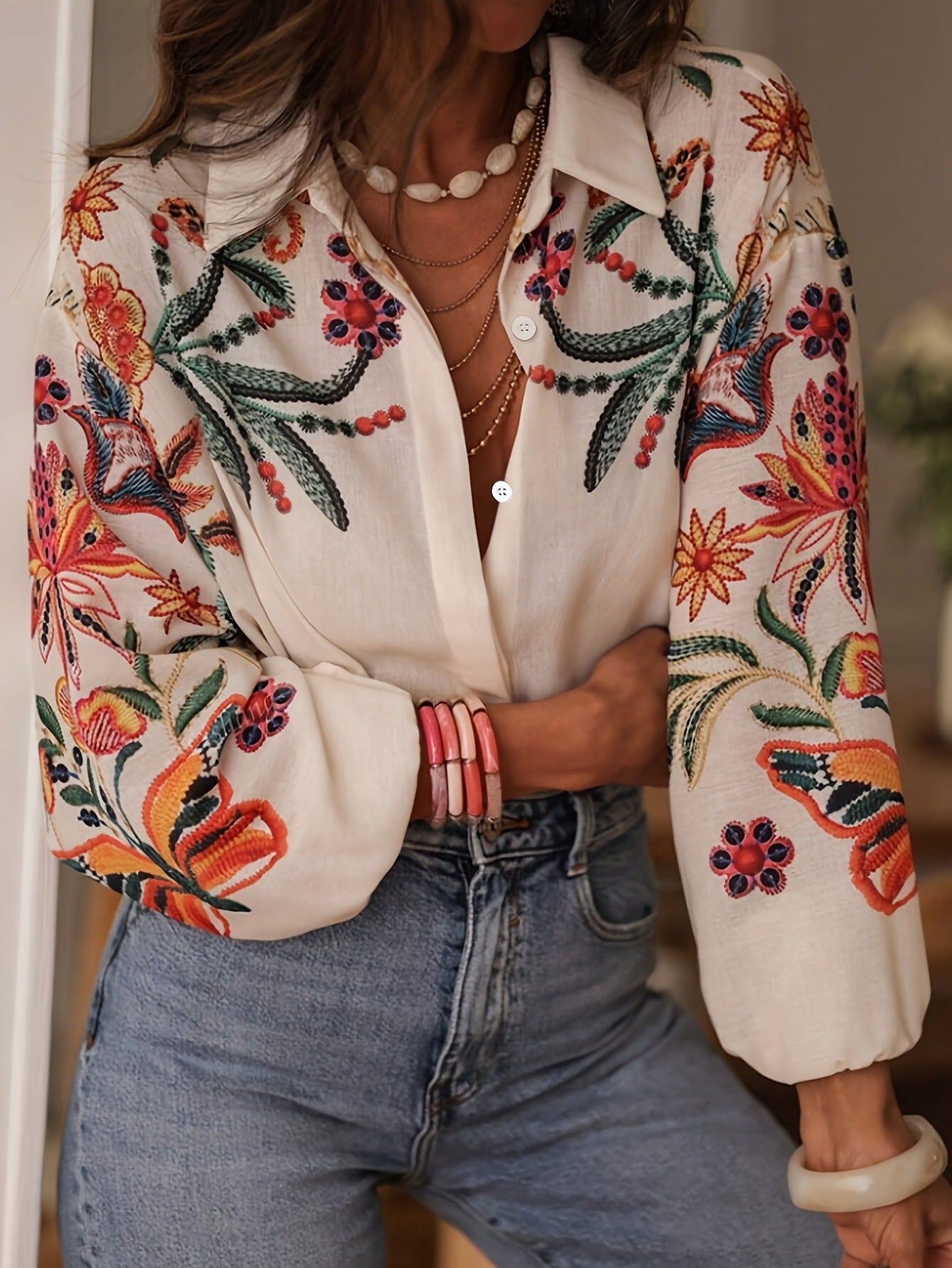 Loose Long Sleeve Printed Shirt Top - Grace Beauty H&C 