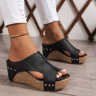 Wedge heel sandals, round-toed thick-soled Roman sandals, women's plus-size fish-mouth muffin ss - Grace Beauty H&C 