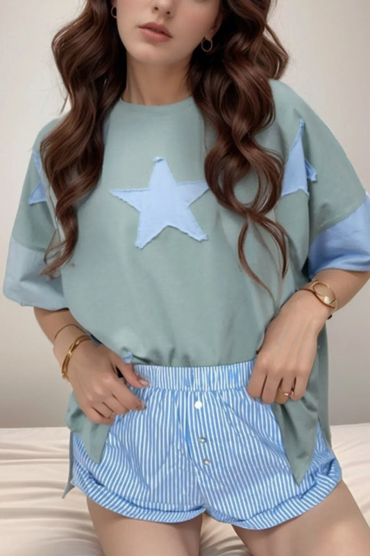 Frayed Denim Star Patched Oversize T Shirt - Grace Beauty H&C 