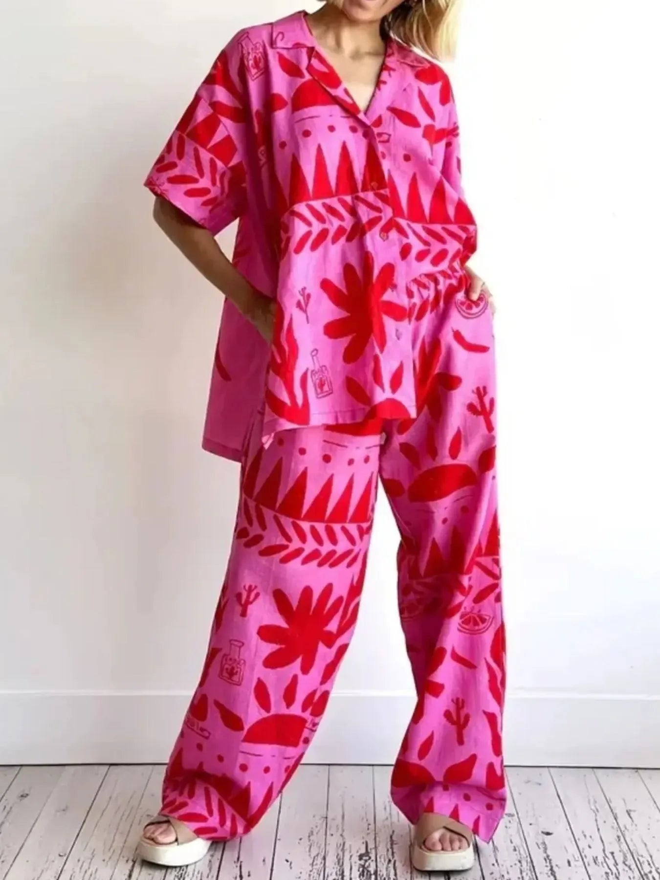 Printed Button Up Shirt and Pants Set - Grace Beauty H&C 