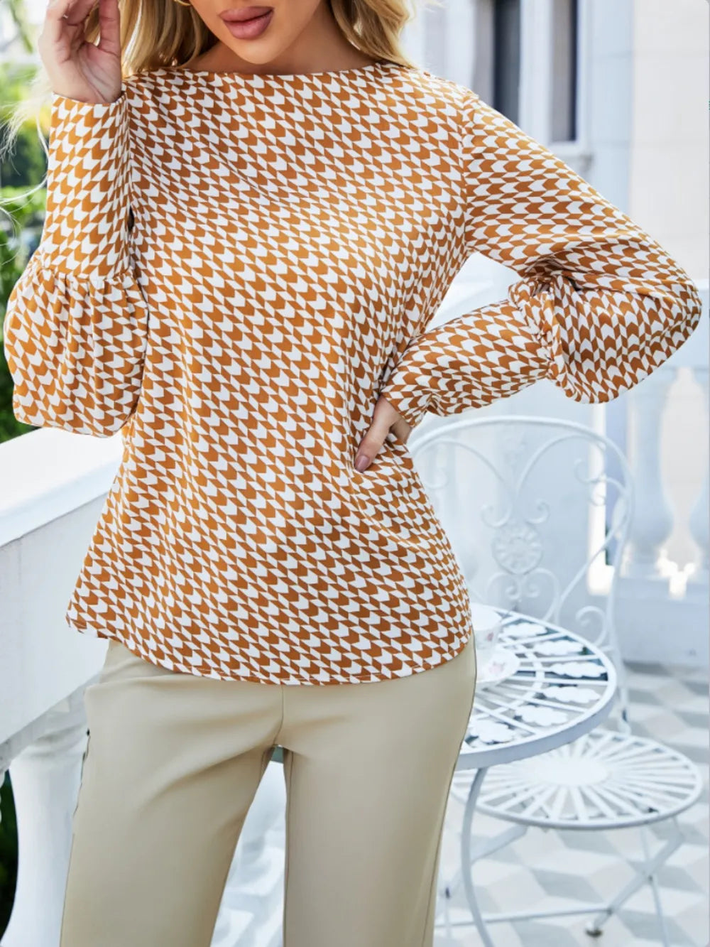 Printed Long Sleeve Blouse - Grace Beauty H&C 