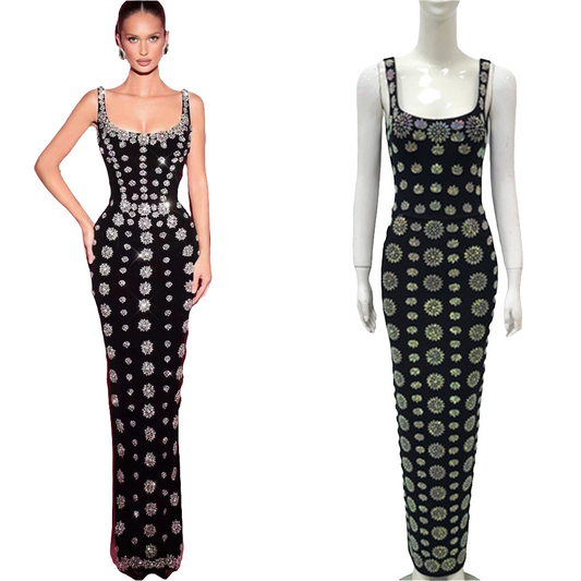 Black Sleeveless U-neck Rhinestone Elegant Slim Bandage DressEvening Dress - Grace Beauty H&C 