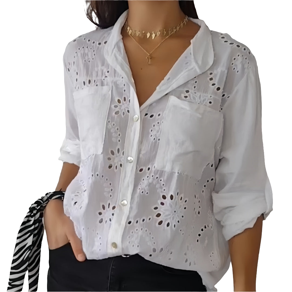 Women's Casual Hollow-out Design Pocket Long Sleeve Button-down Shirt - Grace Beauty H&C 
