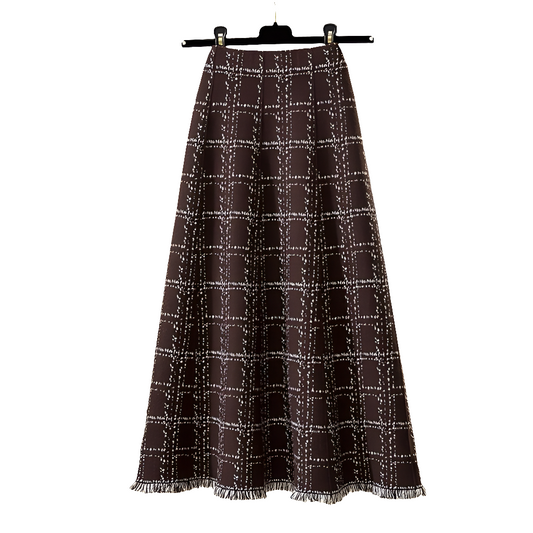 Fringed checkered skirt for women, high-waisted umbrella skirt for autumn and winter, elegant mid-length A-line knitted large hem skirt, versatile and slimming - Grace Beauty H&C 