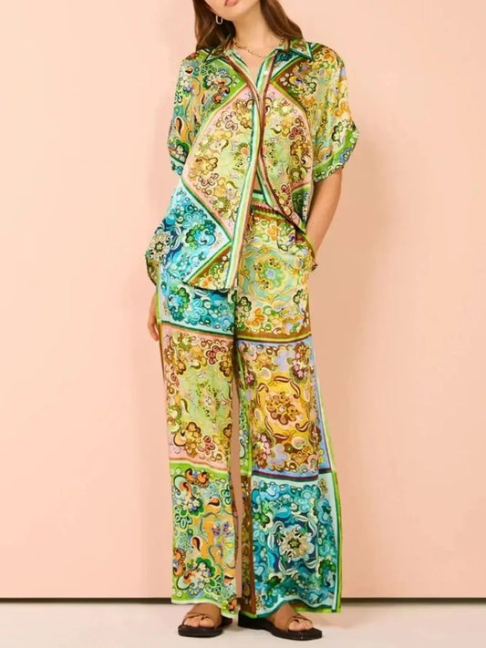 Printed Button Up Shirt and Pants Set - Grace Beauty H&C 