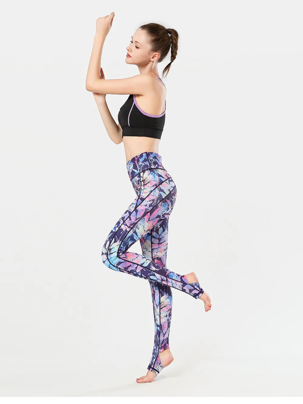 Printed Wide Waistband Active Leggings with Stirrups - Grace Beauty H&C 