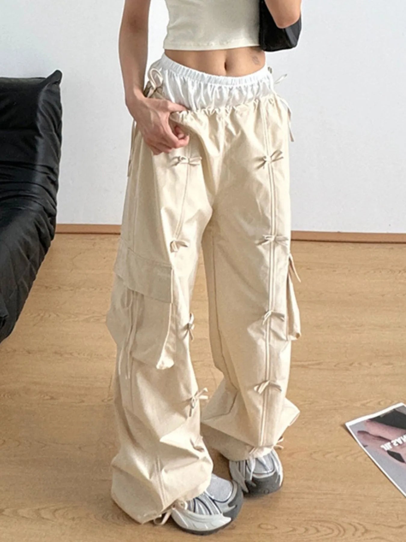 Bow Elastic Waist Cargo Pants - Grace Beauty H&C 