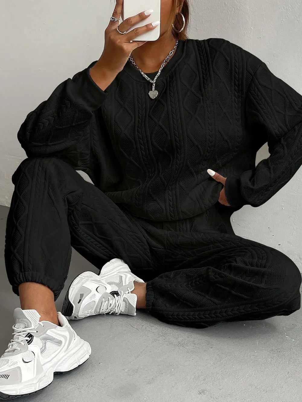 Texture Round Neck Top and Pants Set - Grace Beauty H&C 