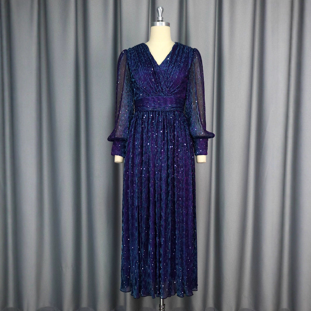 Sexy V-neck Sequined Long Sleeve Dress Purple Slim Fit - Grace Beauty H&C 