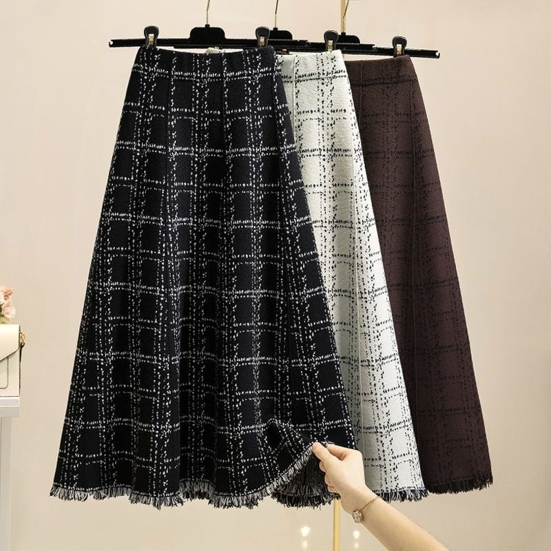 Fringed checkered skirt for women, high-waisted umbrella skirt for autumn and winter, elegant mid-length A-line knitted large hem skirt, versatile and slimming - Grace Beauty H&C 