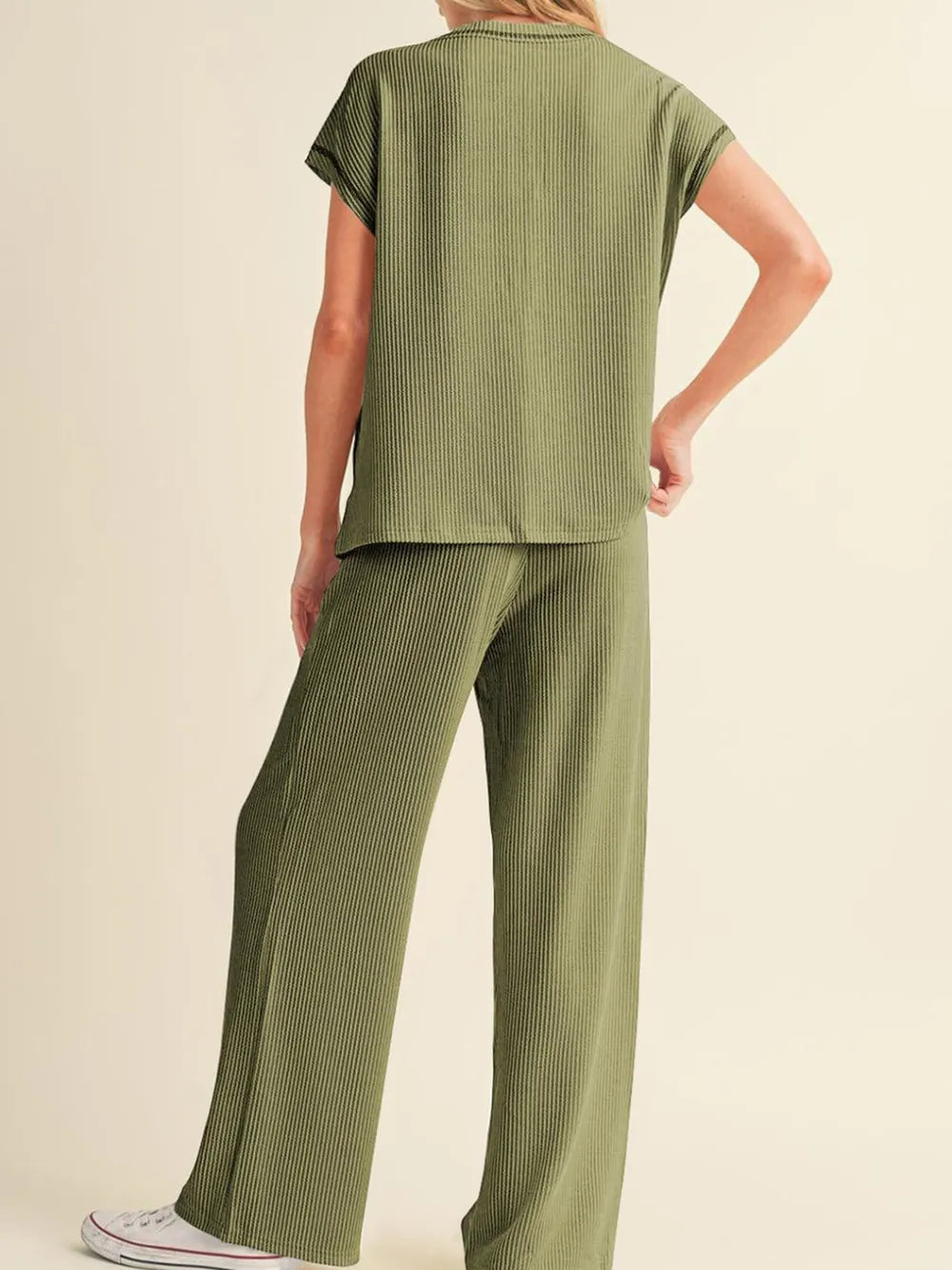 Ribbed Exposed Seam Top and Pants Set - Grace Beauty H&C 