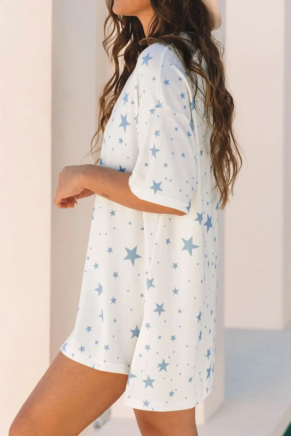 Stars Print Drop Shoulder Oversized T Shirt with Slits - Grace Beauty H&C 