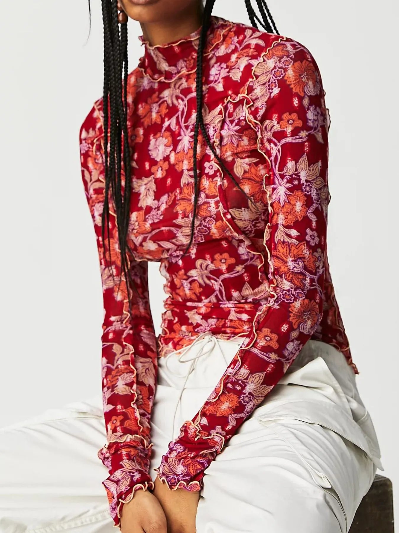 Floral Print Mock Neck Long Sleeve Top - Grace Beauty H&C 