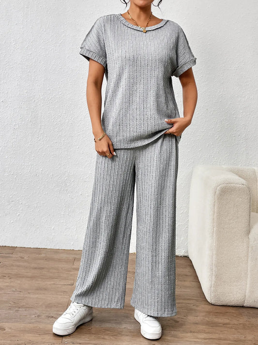 Round Neck Short Sleeve Top and Pants Set - Grace Beauty H&C 