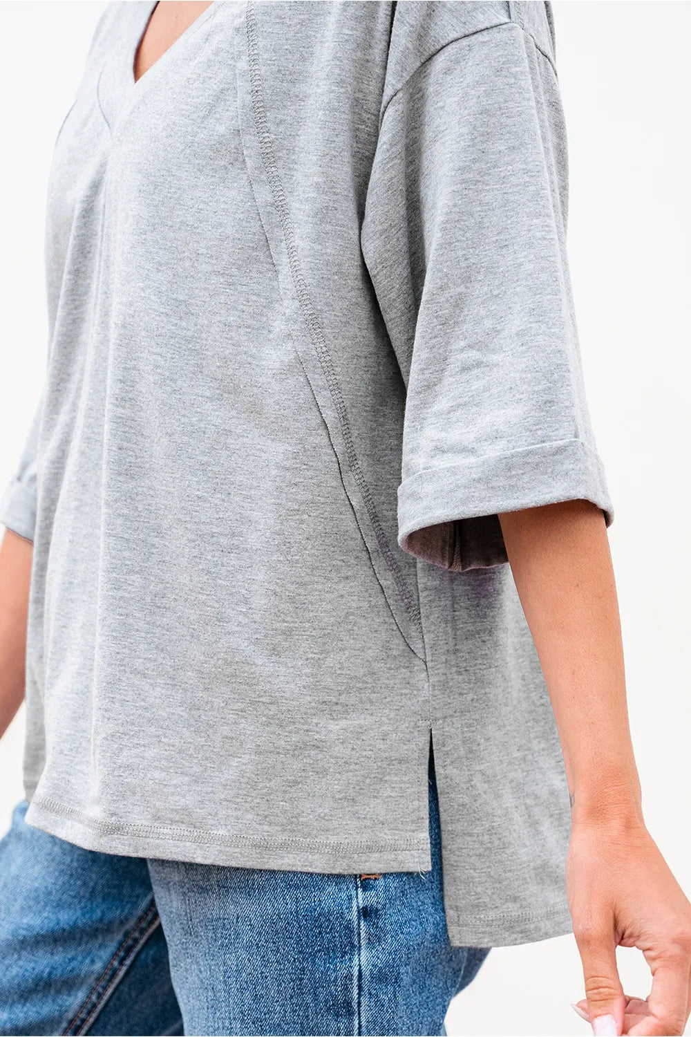 High Raglan Half Sleeve V Neck Oversized T Shirt - Grace Beauty H&C 