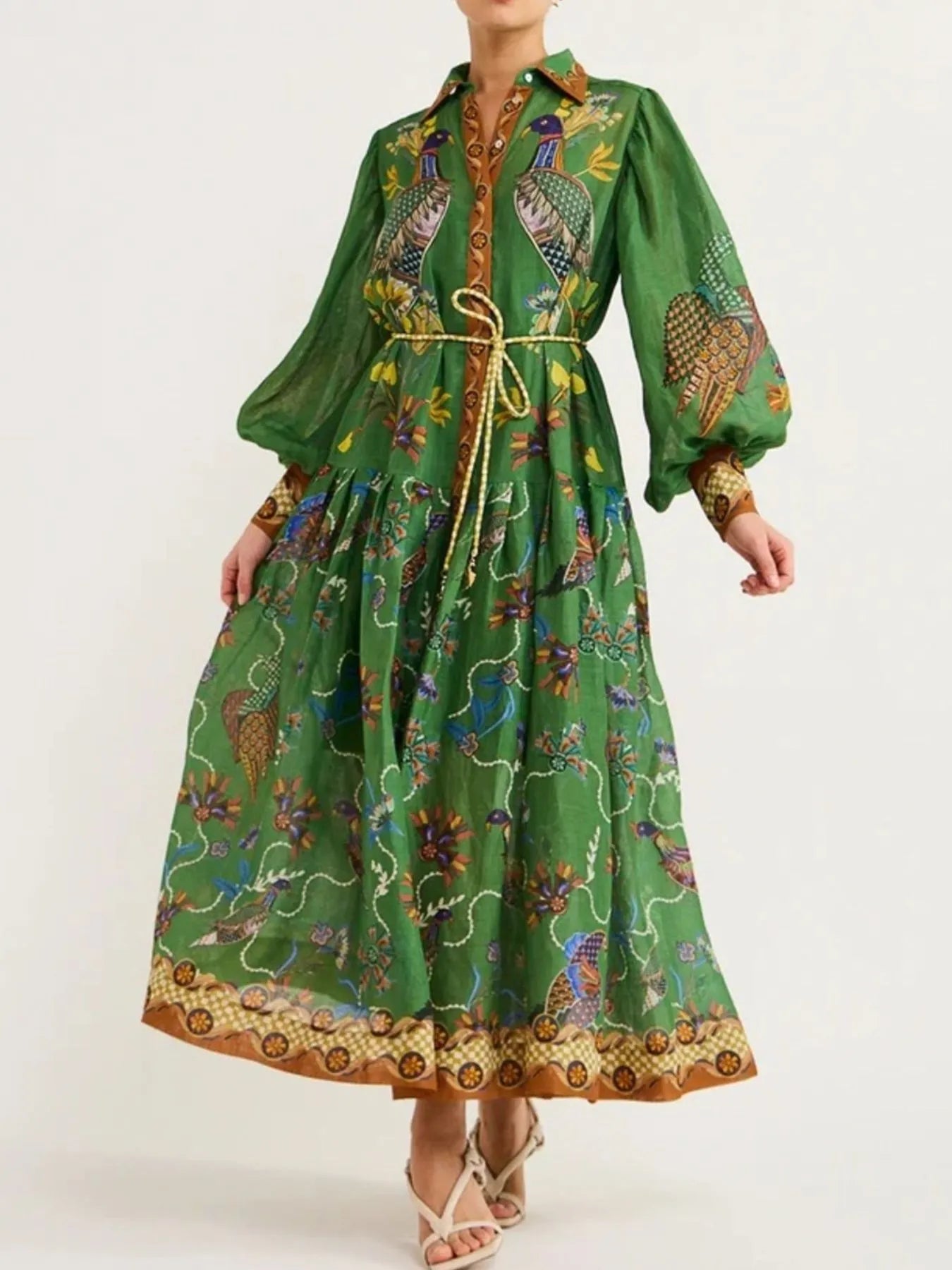 Printed Lantern Sleeve Maxi Shirt Dress - Grace Beauty H&C 