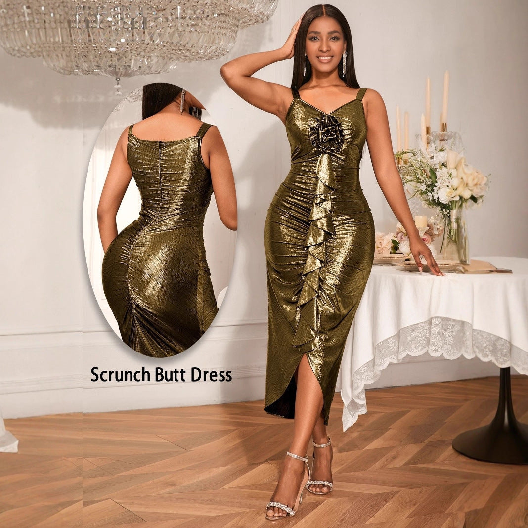 Female Solid Color Summer Sling Golden Party Dress - Grace Beauty H&C 
