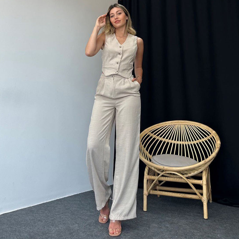 Women's fashion casual sleeveless slim solid color vest pants high-grade women's two-piece summer set - Grace Beauty H&C 