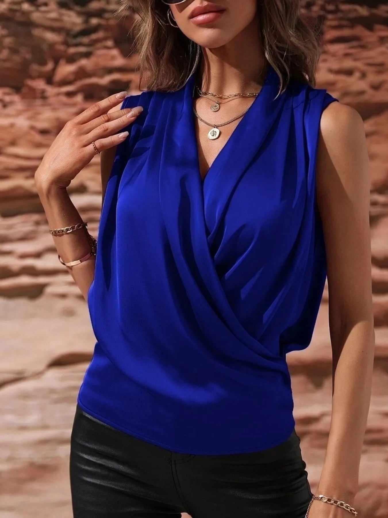 Sleeveless Wrap Draped  Blouse - Grace Beauty H&C 