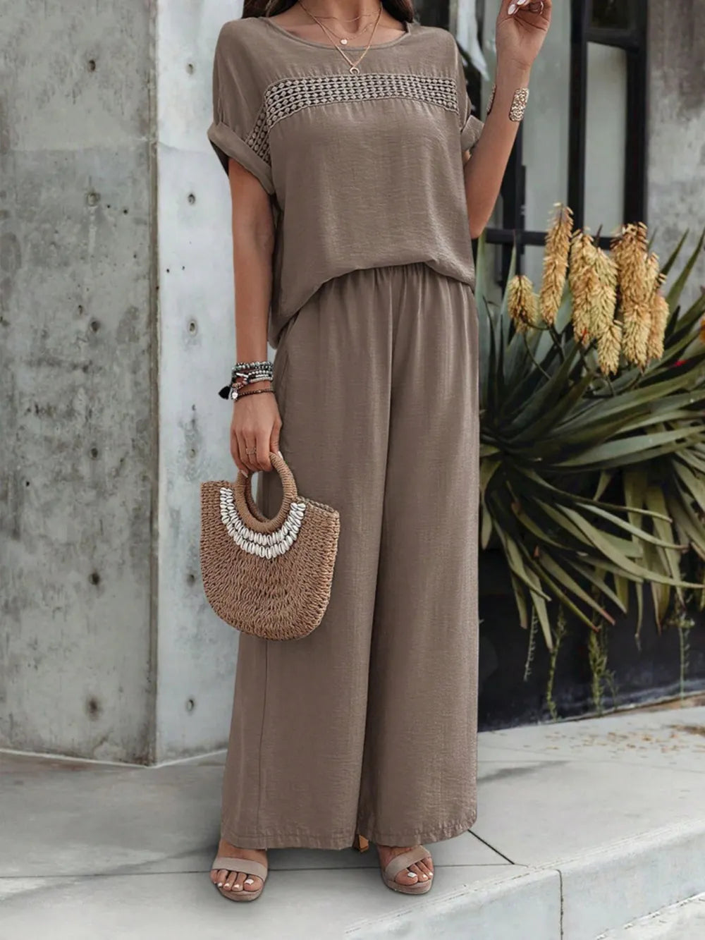 Round Neck Short Sleeve Top and Pants Set - Grace Beauty H&C 