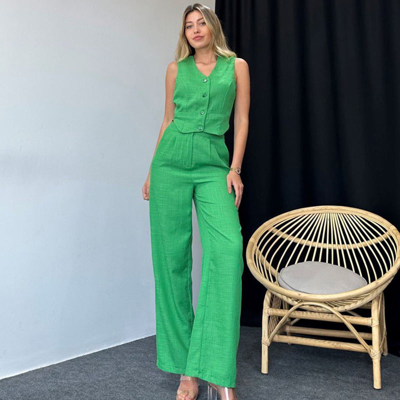 Women's fashion casual sleeveless slim solid color vest pants high-grade women's two-piece summer set - Grace Beauty H&C 