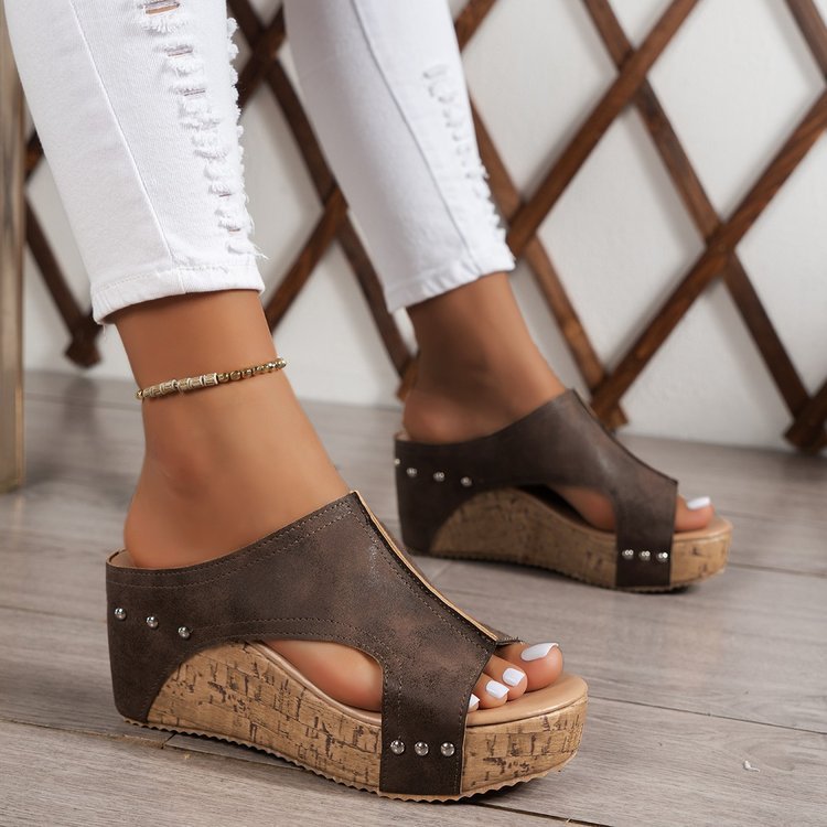 Wedge heel sandals, round-toed thick-soled Roman sandals, women's plus-size fish-mouth muffin ss - Grace Beauty H&C 
