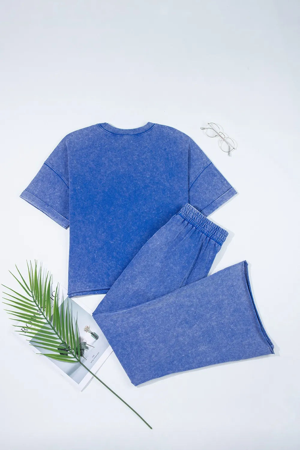 Acid Wash Star Patched Rolled Trim Top and Pants Set - Grace Beauty H&C 