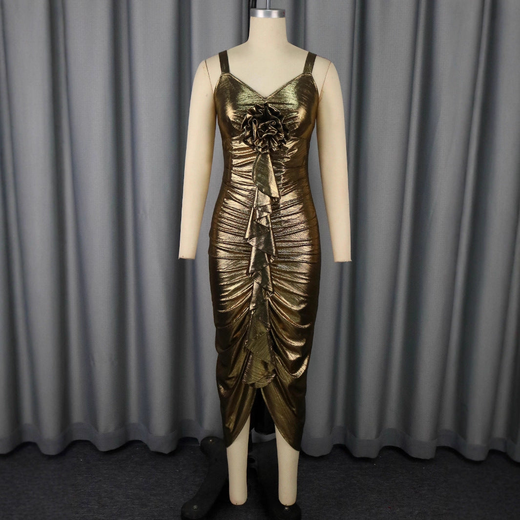 Female Solid Color Summer Sling Golden Party Dress - Grace Beauty H&C 