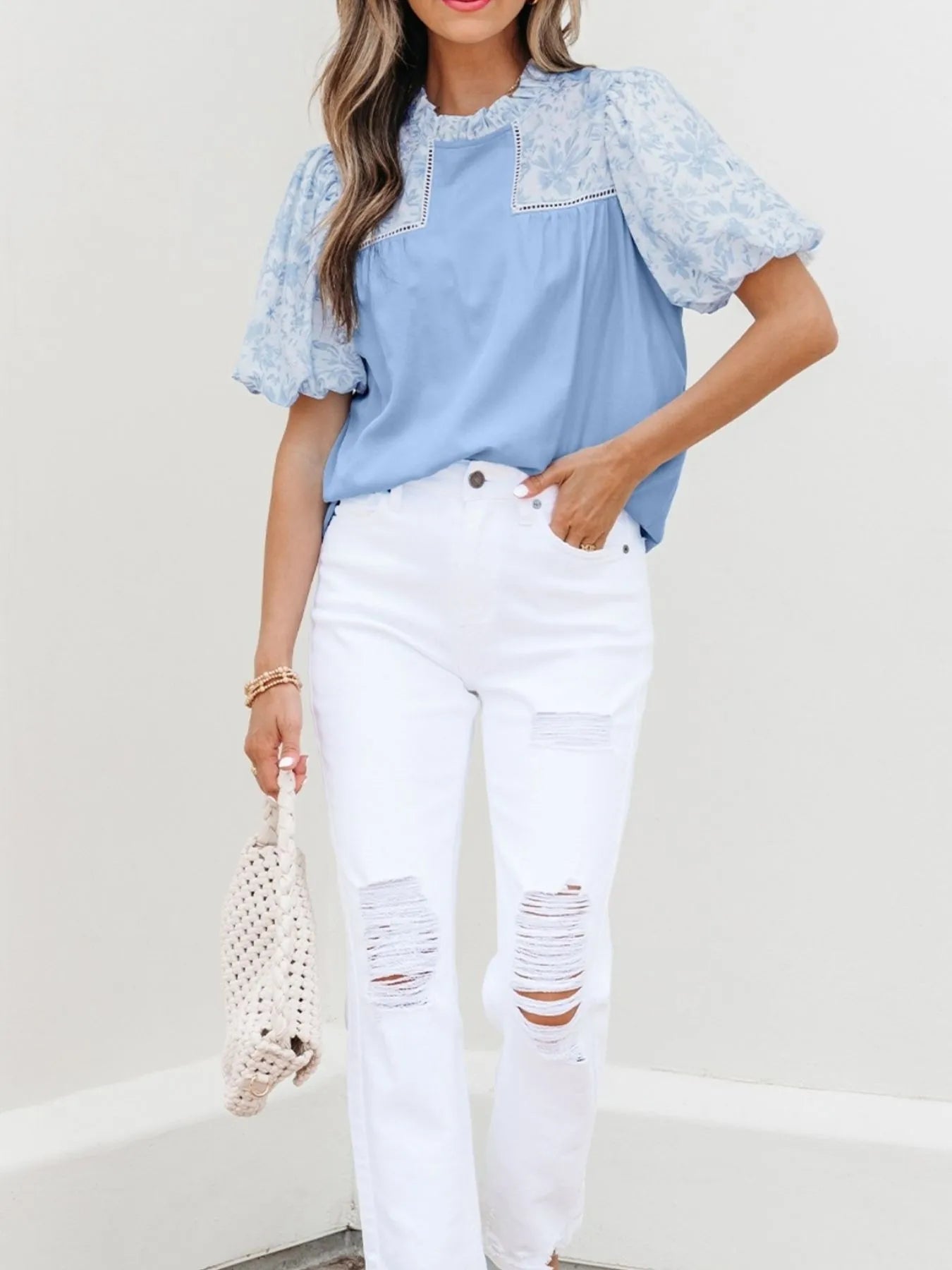 Lace Insert Floral Puff Sleeve Patchwork Loose Blouse - Grace Beauty H&C 