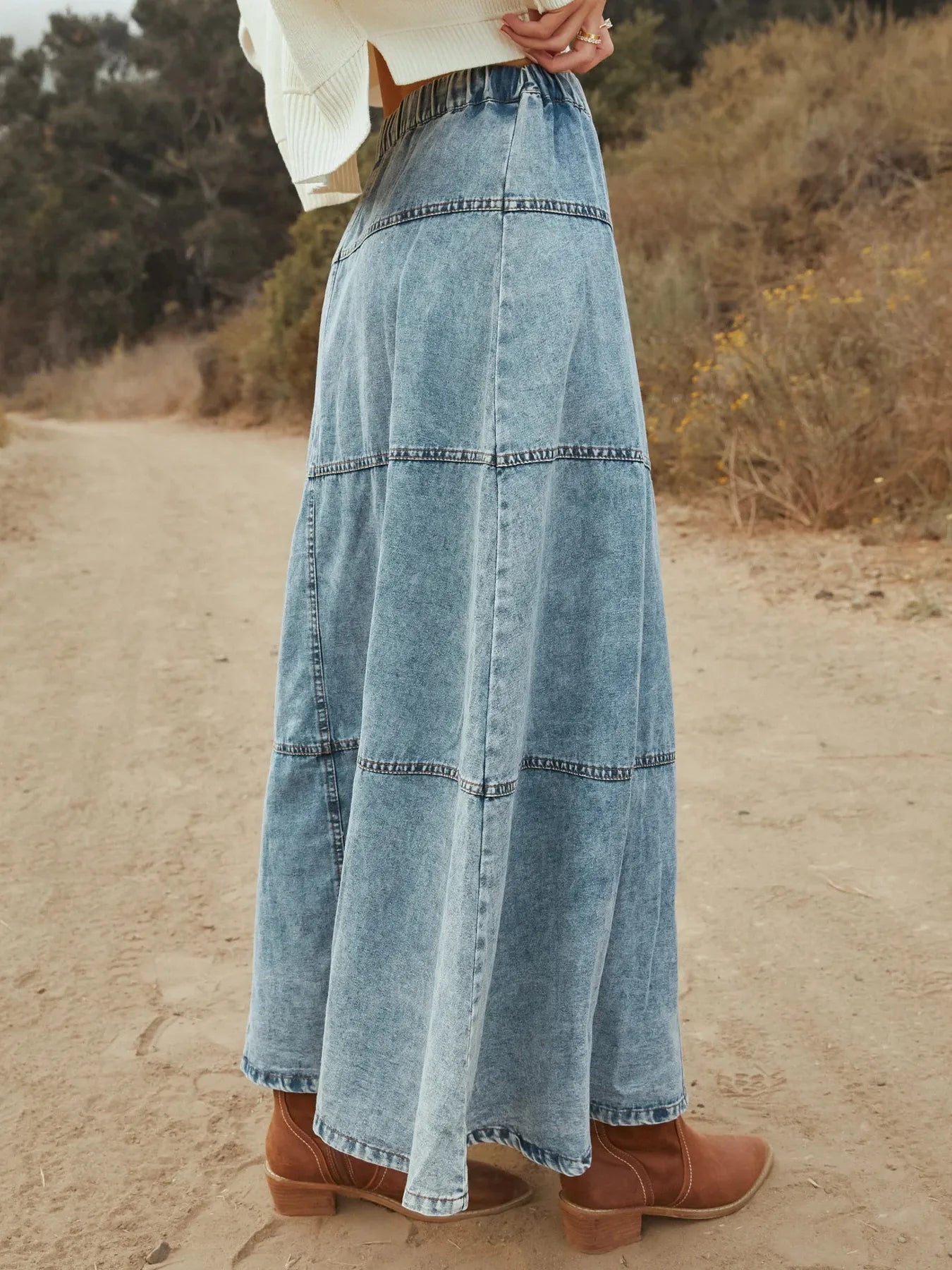 Button-Front Tiered Maxi Denim Skirt - Grace Beauty H&C 