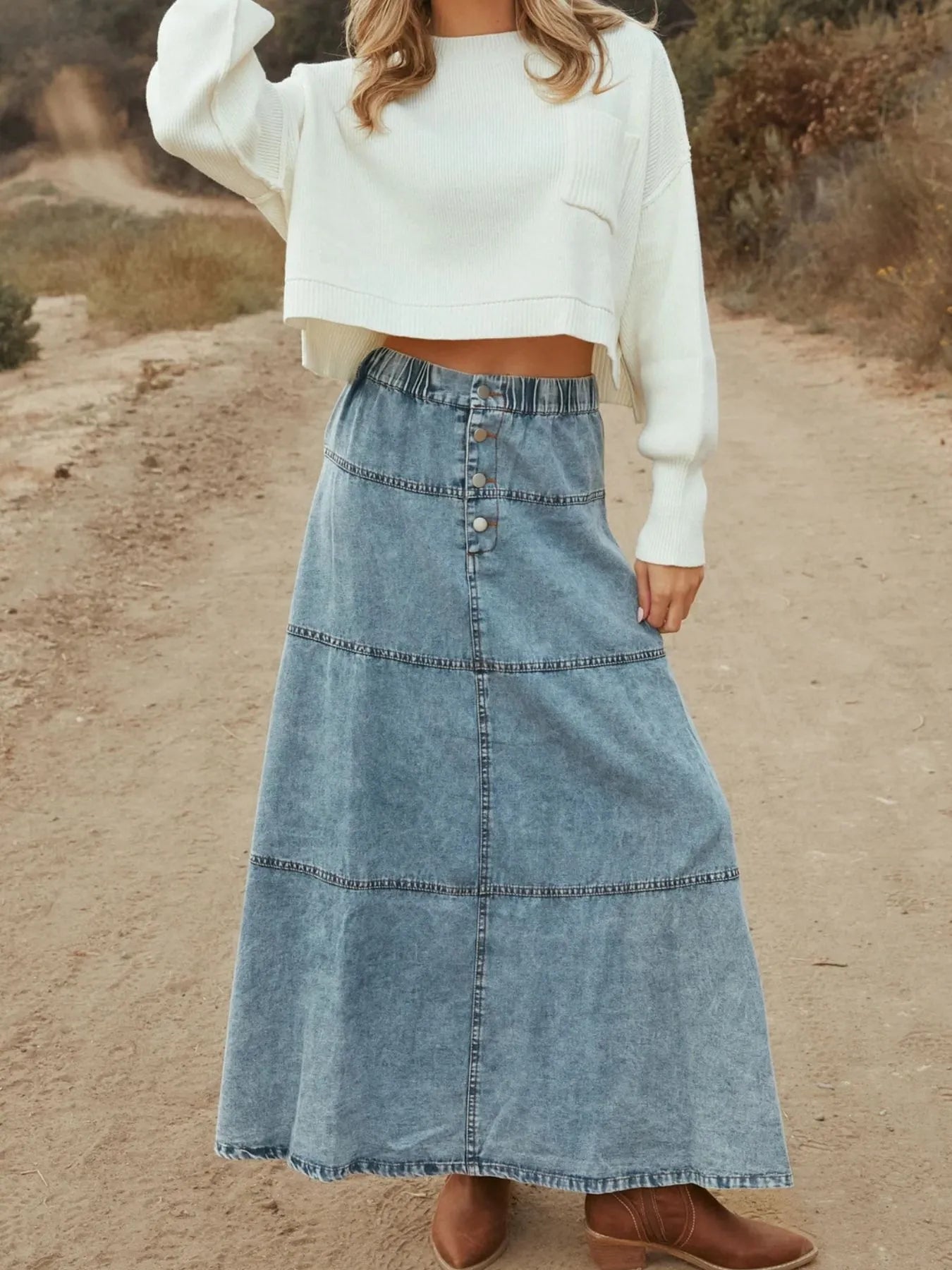 Button-Front Tiered Maxi Denim Skirt - Grace Beauty H&C 