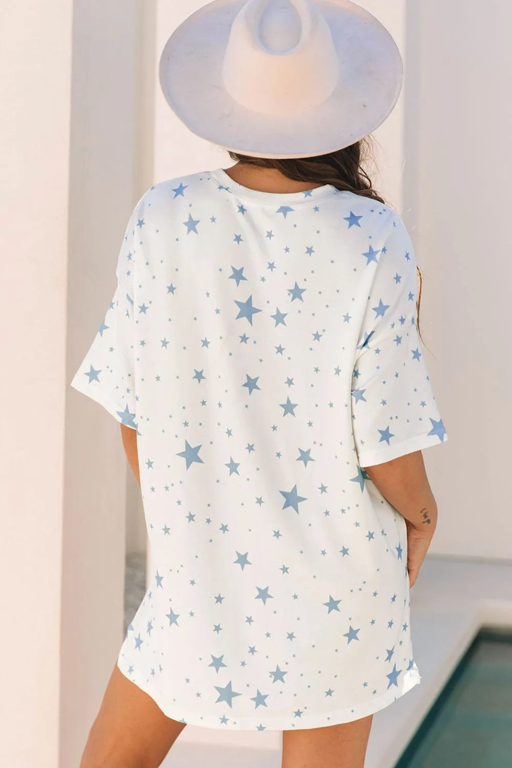 Stars Print Drop Shoulder Oversized T Shirt with Slits - Grace Beauty H&C 