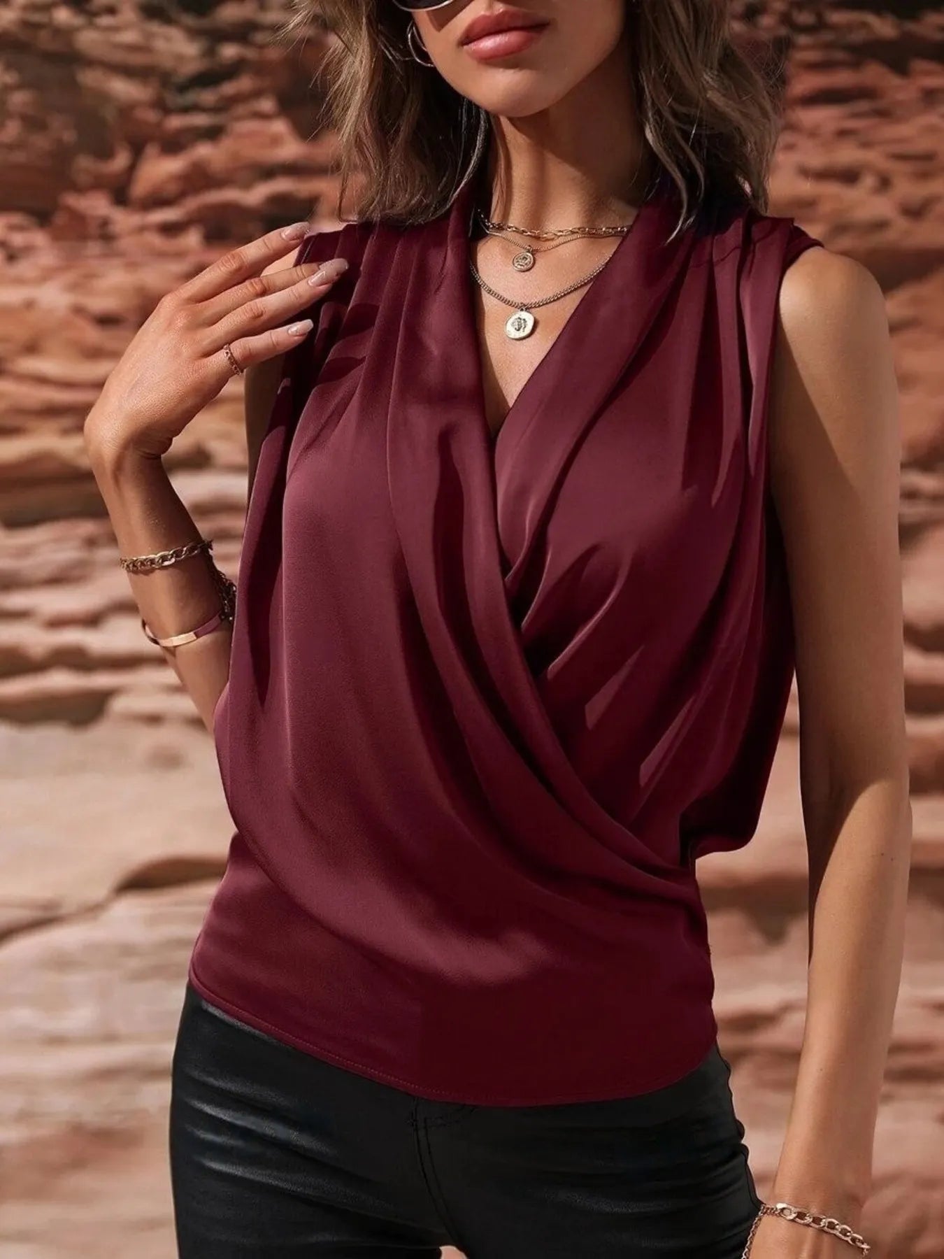 Sleeveless Wrap Draped  Blouse - Grace Beauty H&C 