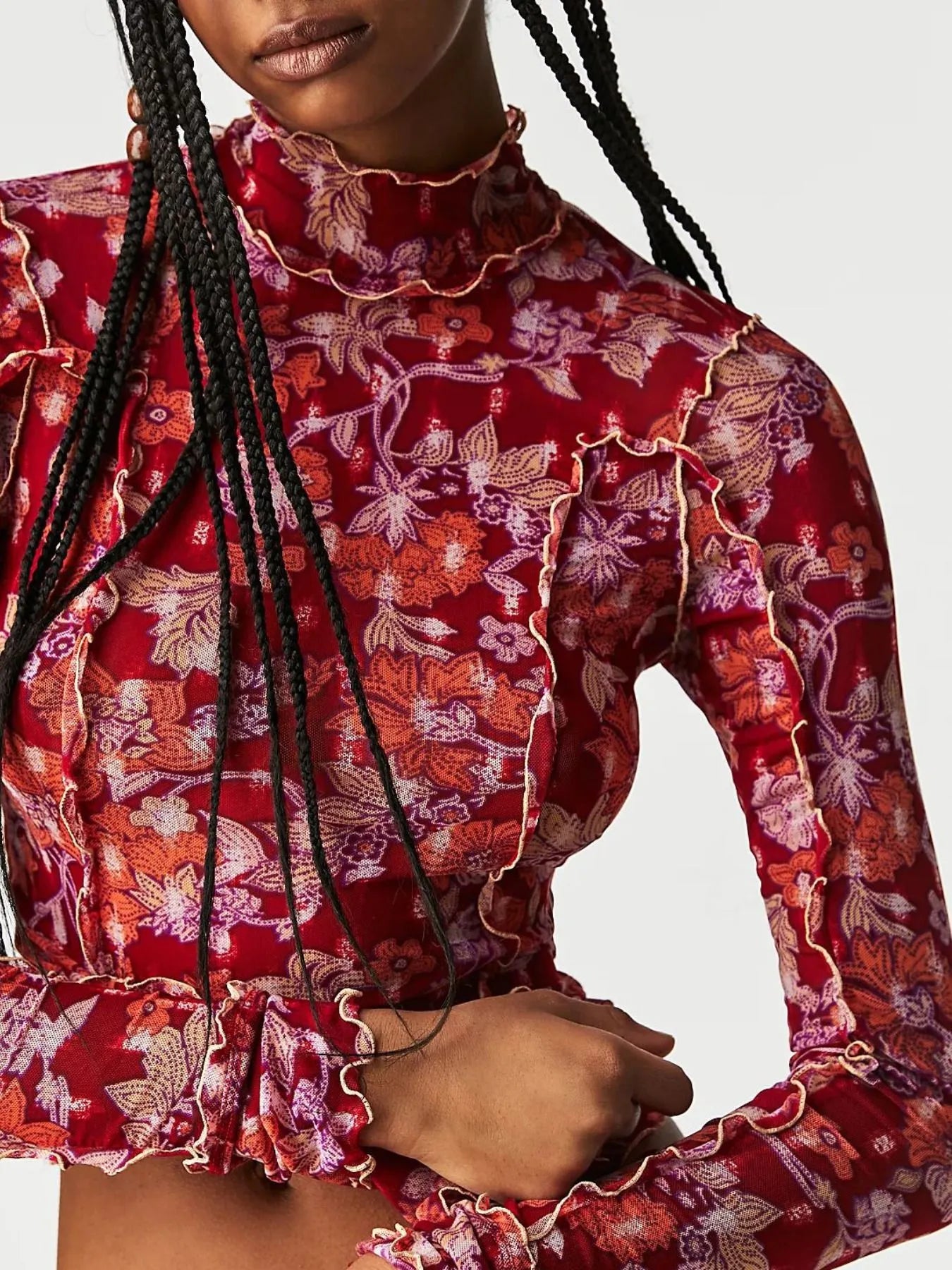 Floral Print Mock Neck Long Sleeve Top - Grace Beauty H&C 