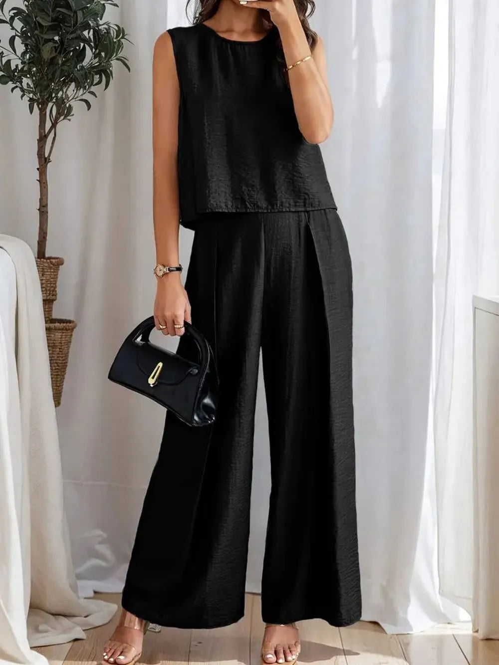 Round Neck Sleeveless Top and Wide Leg Pants Set - Grace Beauty H&C 