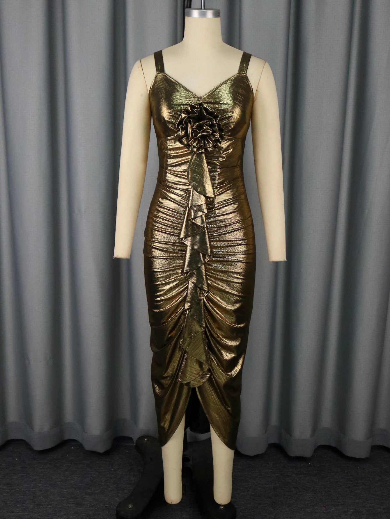 Female Solid Color Summer Sling Golden Party Dress - Grace Beauty H&C 