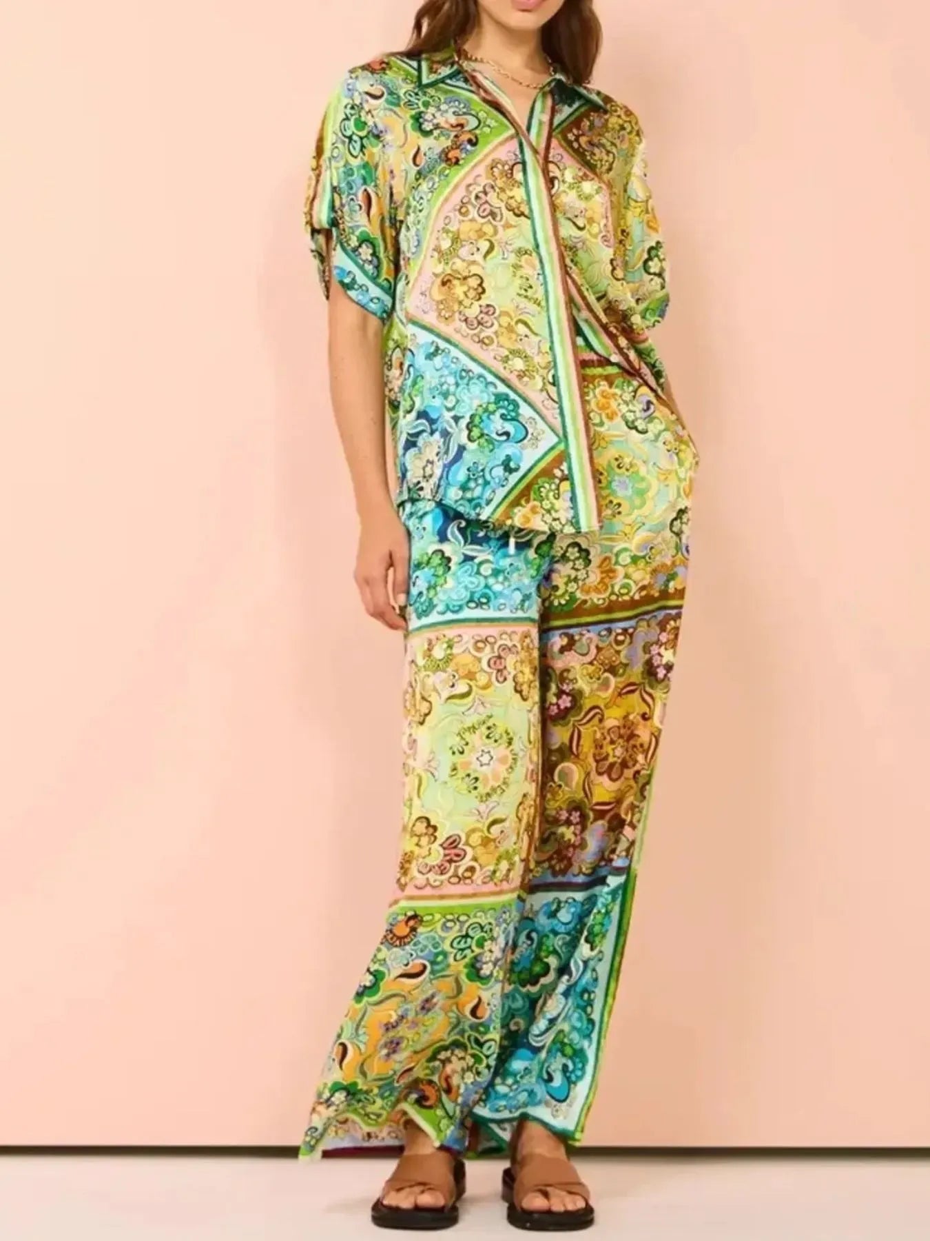 Printed Button Up Shirt and Pants Set - Grace Beauty H&C 