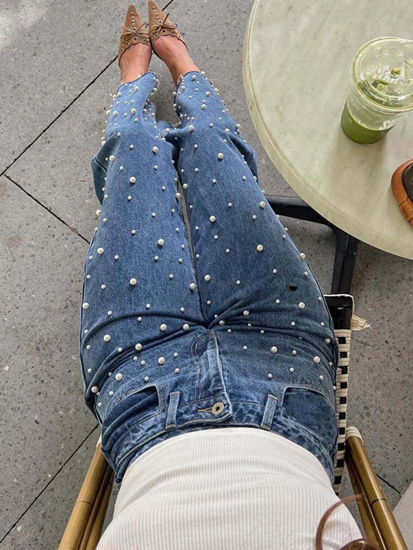 Pearl Embellished High Waist Straight Leg Jeans - Grace Beauty H&C 