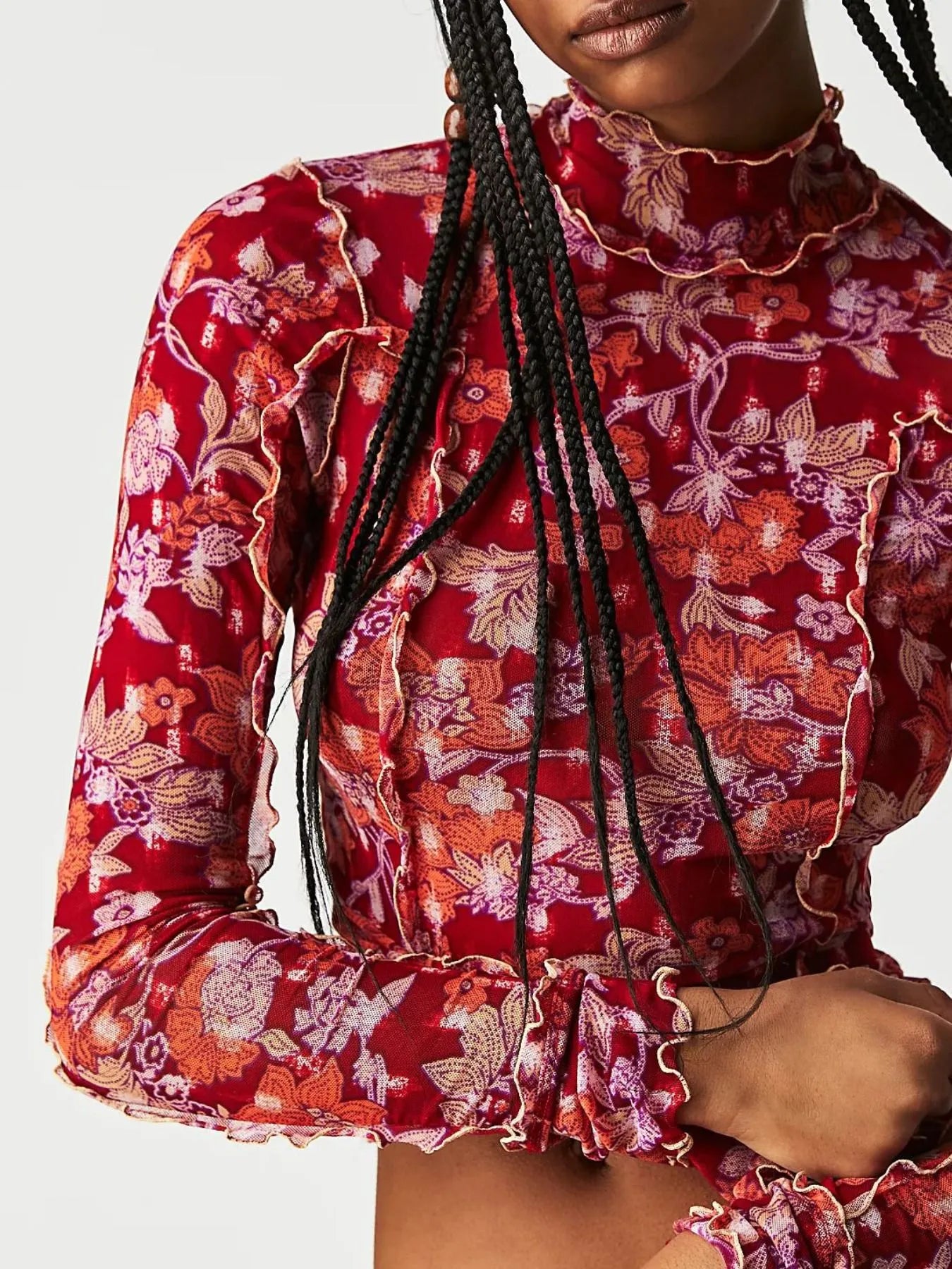 Floral Print Mock Neck Long Sleeve Top - Grace Beauty H&C 